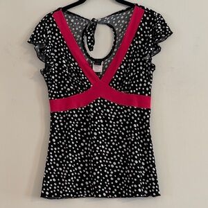 Wrapper Black and White Polka Dot Top with Fuchsia Trim Size L
